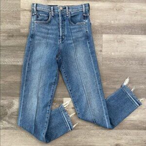 McGuire Denim Damn Fine Jeans Button Fly Blue Made in USA Raw Hem Pleat Seam 24